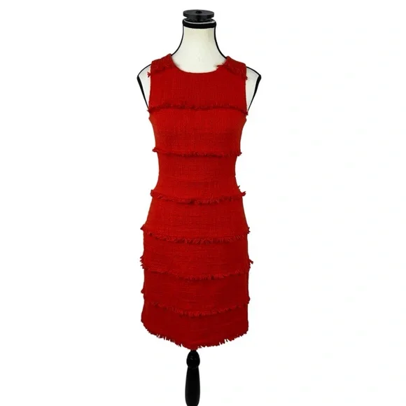 J.Crew Red Tweed Fringe Shift Dress Sleeveless Sheath Lined Cocktail Party 00 - Picture 2 of 11